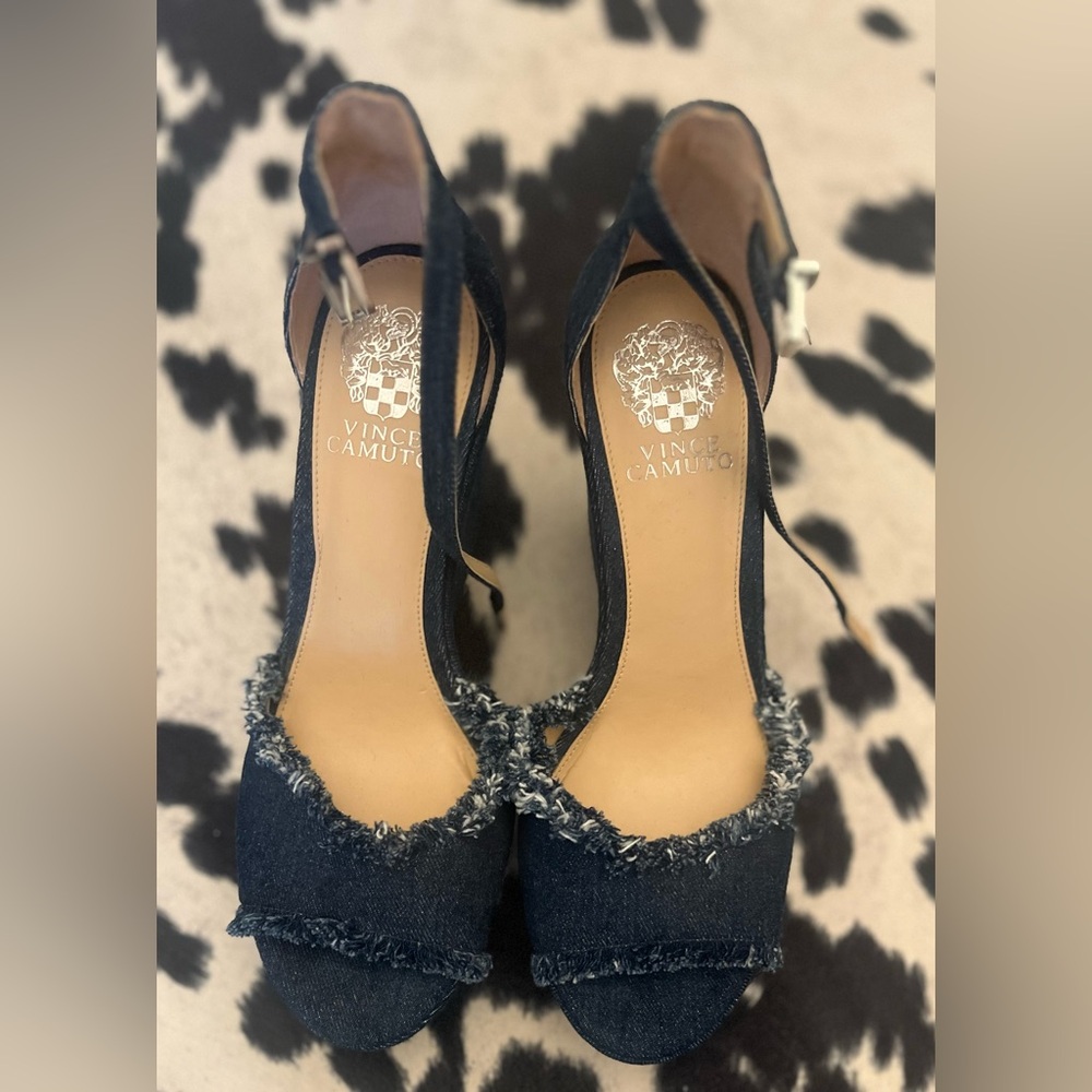 Vince Camuto Navy Denim Frayed Wedges